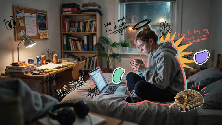 A student looking at her laptop sitting in her bedroom.