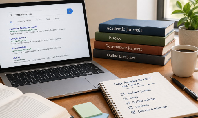 Checking available research sources with a laptop, academic books, journals, databases, and a source verification checklist.